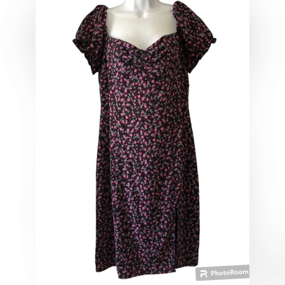 Vintage City Triangles Dress Size XL Ditsy Floral Print Puff Sleeve Pink Black